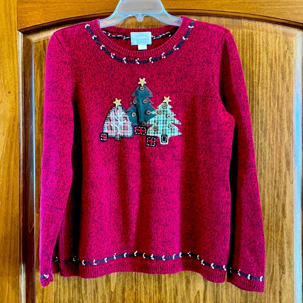 Vintage Christmas Christopher & Banks Red Hand Embroidered Trees Sweater L